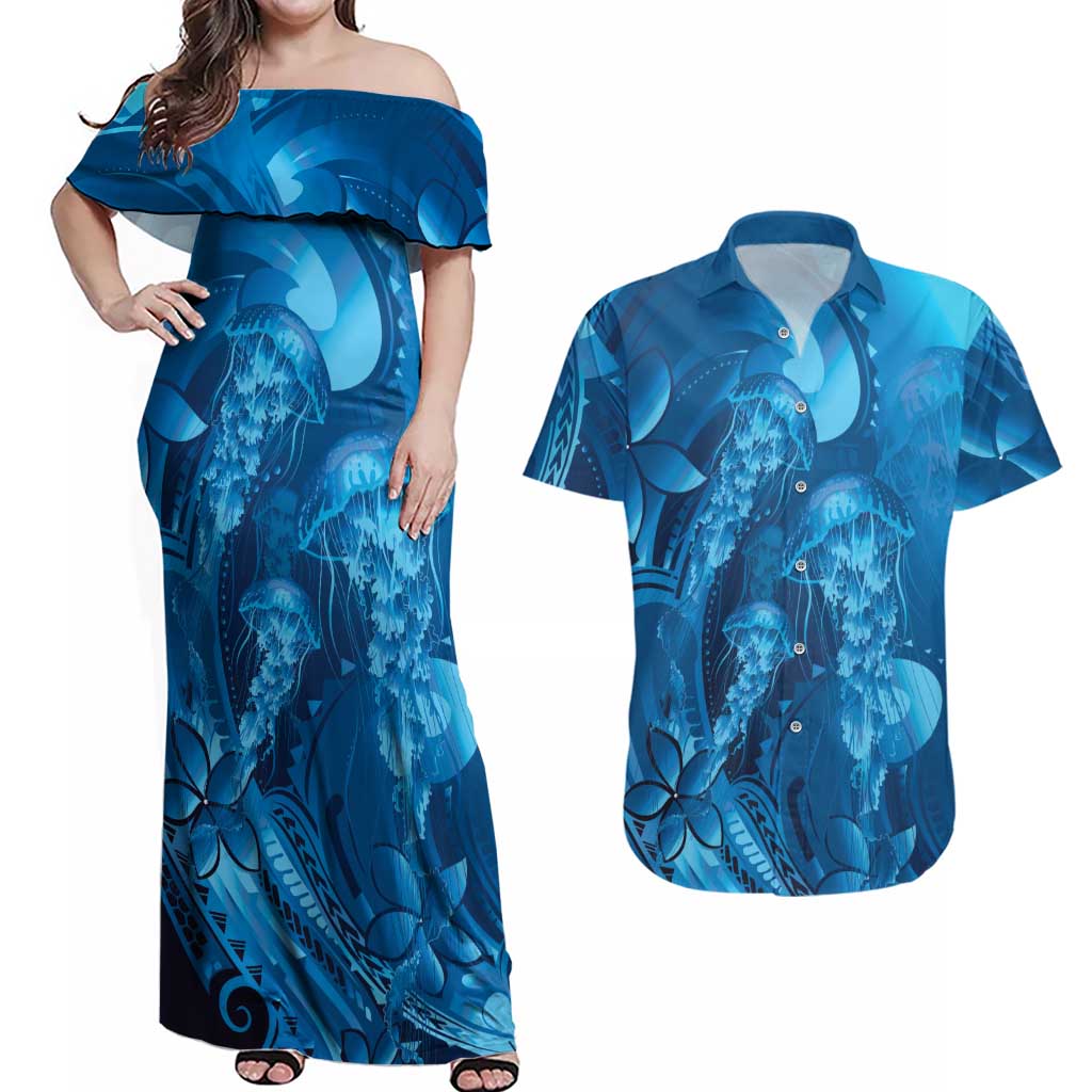 Blue Gradient Polynesia Jellyfish Couples Matching Off Shoulder Maxi Dress and Hawaiian Shirt Plumeria Polynesian Tattoo Glowing Vibes LT14 Blue - Polynesian Pride