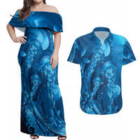 Blue Gradient Polynesia Jellyfish Couples Matching Off Shoulder Maxi Dress and Hawaiian Shirt Plumeria Polynesian Tattoo Glowing Vibes LT14 Blue - Polynesian Pride