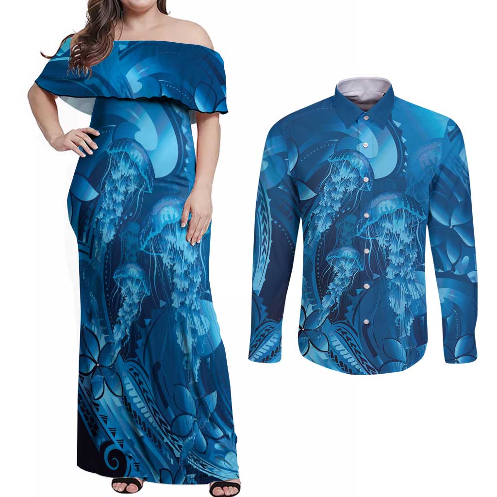 Blue Gradient Polynesia Jellyfish Couples Matching Off Shoulder Maxi Dress and Long Sleeve Button Shirt Plumeria Polynesian Tattoo Glowing Vibes LT14 Blue - Polynesian Pride