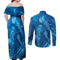 Blue Gradient Polynesia Jellyfish Couples Matching Off Shoulder Maxi Dress and Long Sleeve Button Shirt Plumeria Polynesian Tattoo Glowing Vibes LT14 - Polynesian Pride