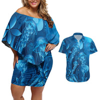 Blue Gradient Polynesia Jellyfish Couples Matching Off Shoulder Short Dress and Hawaiian Shirt Plumeria Polynesian Tattoo Glowing Vibes LT14 Blue - Polynesian Pride