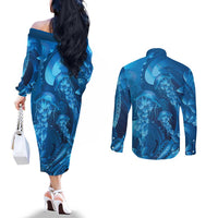 Blue Gradient Polynesia Jellyfish Couples Matching Off The Shoulder Long Sleeve Dress and Long Sleeve Button Shirt Plumeria Polynesian Tattoo Glowing Vibes