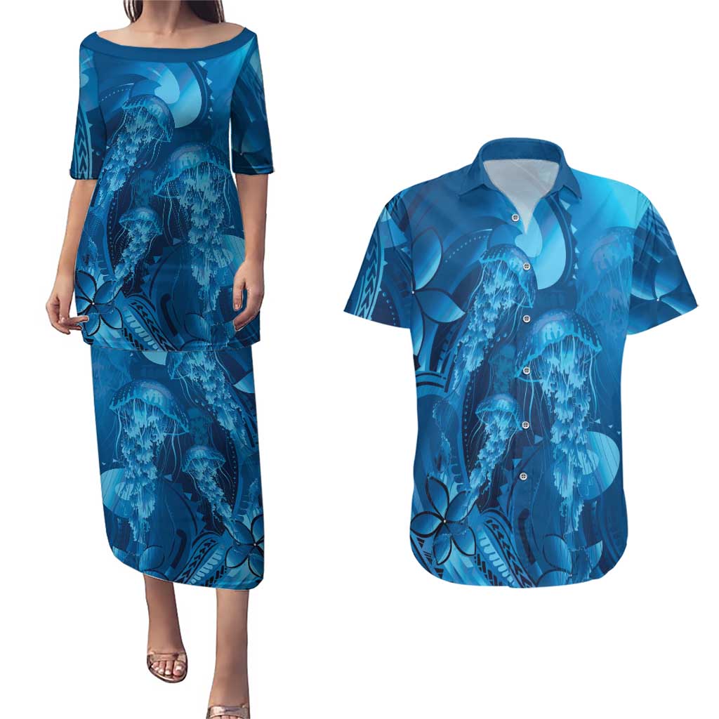 Blue Gradient Polynesia Jellyfish Couples Matching Puletasi and Hawaiian Shirt Plumeria Polynesian Tattoo Glowing Vibes LT14 Blue - Polynesian Pride