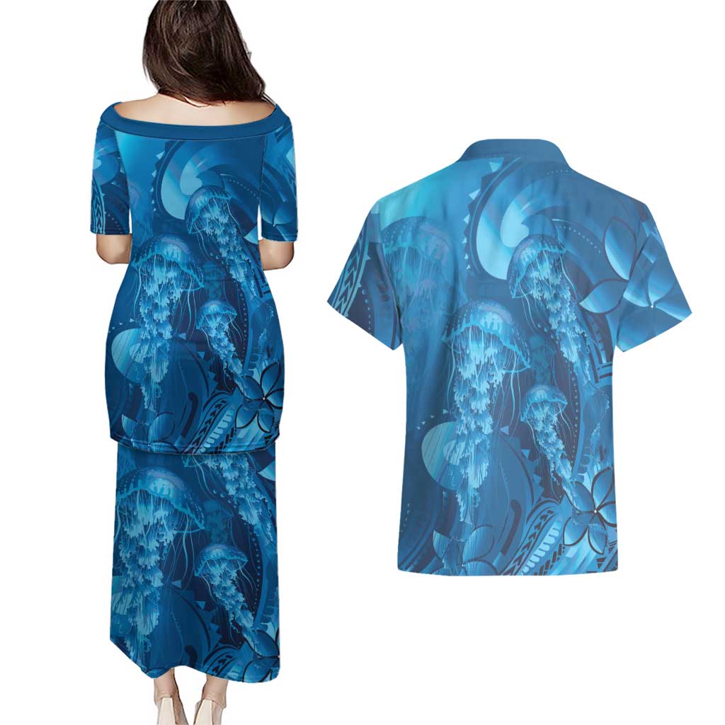 Blue Gradient Polynesia Jellyfish Couples Matching Puletasi and Hawaiian Shirt Plumeria Polynesian Tattoo Glowing Vibes LT14 - Polynesian Pride