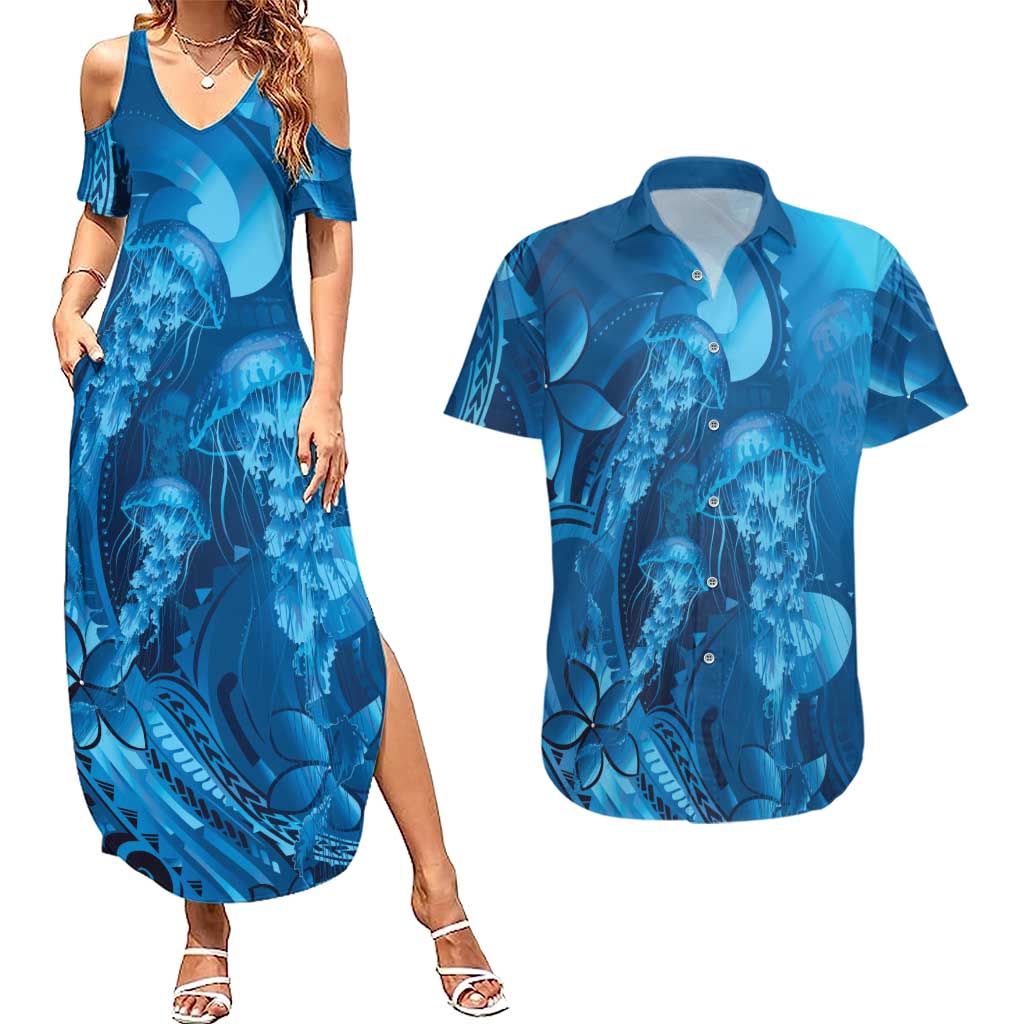 Blue Gradient Polynesia Jellyfish Couples Matching Summer Maxi Dress and Hawaiian Shirt Plumeria Polynesian Tattoo Glowing Vibes LT14 Blue - Polynesian Pride