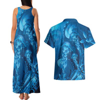 Blue Gradient Polynesia Jellyfish Couples Matching Tank Maxi Dress and Hawaiian Shirt Plumeria Polynesian Tattoo Glowing Vibes