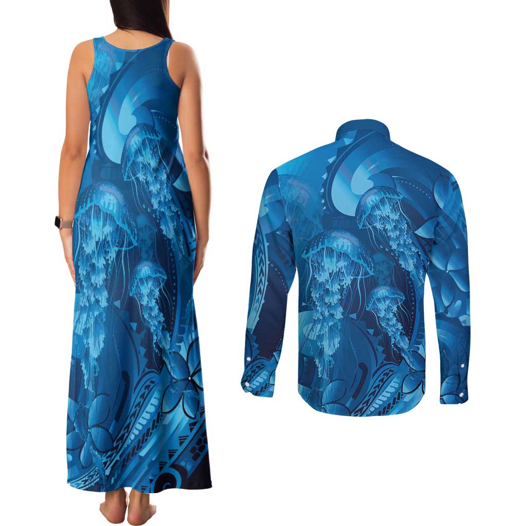 Blue Gradient Polynesia Jellyfish Couples Matching Tank Maxi Dress and Long Sleeve Button Shirt Plumeria Polynesian Tattoo Glowing Vibes LT14 - Polynesian Pride