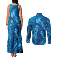 Blue Gradient Polynesia Jellyfish Couples Matching Tank Maxi Dress and Long Sleeve Button Shirt Plumeria Polynesian Tattoo Glowing Vibes LT14 - Polynesian Pride