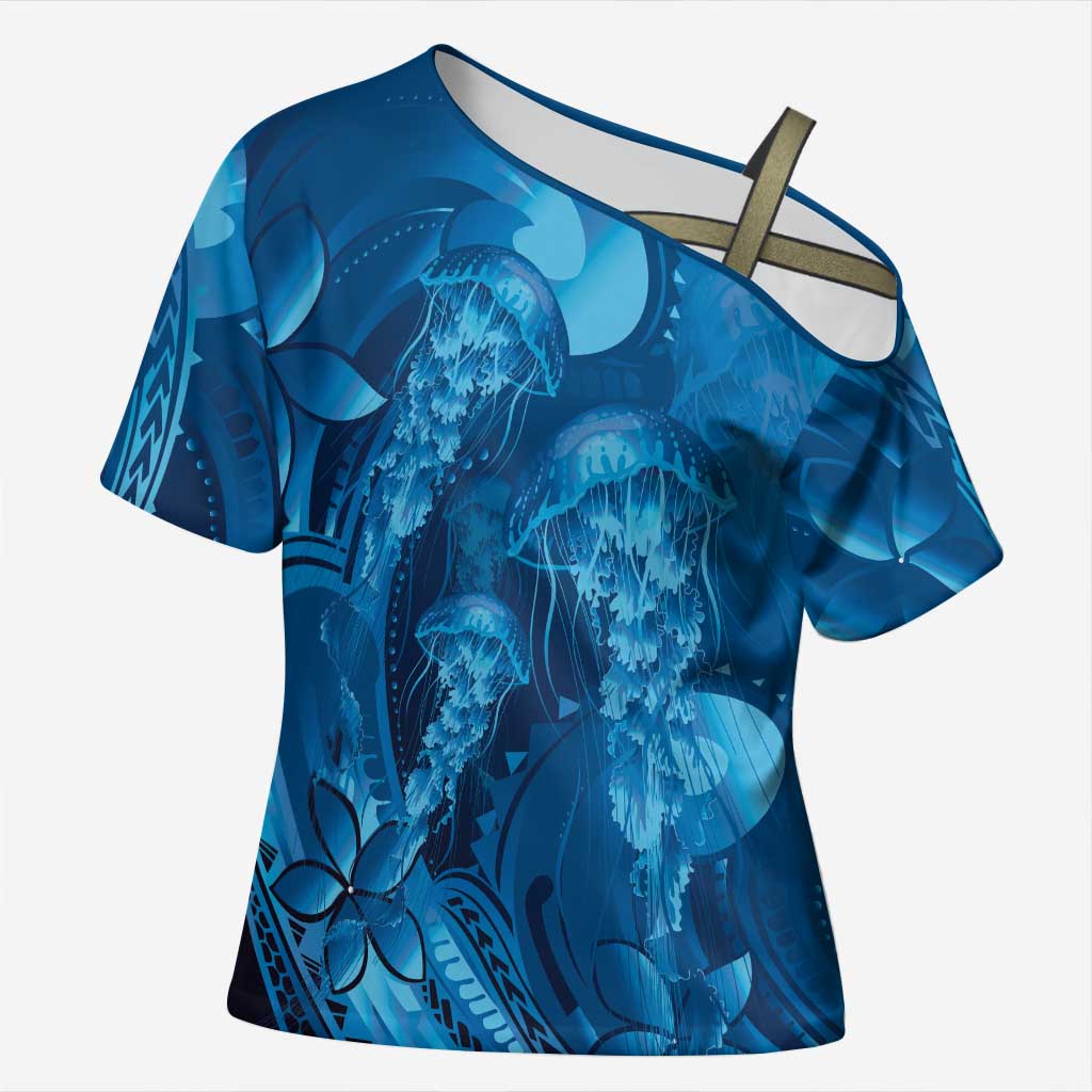Blue Gradient Polynesia Jellyfish Cross Shoulder Shirt Plumeria Polynesian Tattoo Glowing Vibes LT14 Female Blue - Polynesian Pride