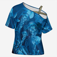 Blue Gradient Polynesia Jellyfish Cross Shoulder Shirt Plumeria Polynesian Tattoo Glowing Vibes LT14 Female Blue - Polynesian Pride