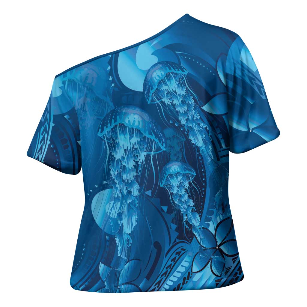 Blue Gradient Polynesia Jellyfish Cross Shoulder Shirt Plumeria Polynesian Tattoo Glowing Vibes LT14 - Polynesian Pride