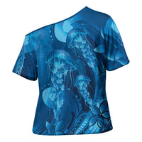 Blue Gradient Polynesia Jellyfish Cross Shoulder Shirt Plumeria Polynesian Tattoo Glowing Vibes LT14 - Polynesian Pride