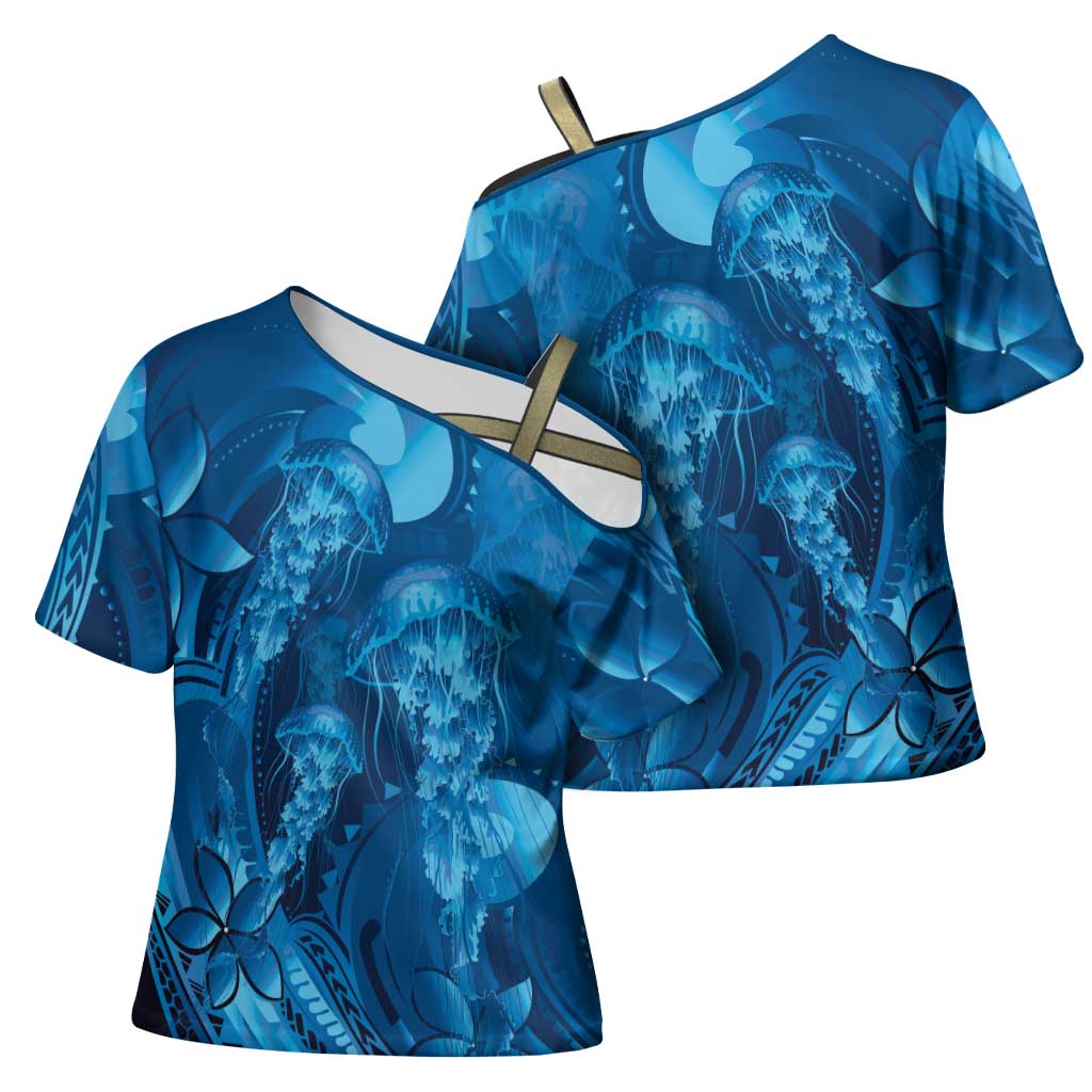 Blue Gradient Polynesia Jellyfish Cross Shoulder Shirt Plumeria Polynesian Tattoo Glowing Vibes LT14 - Polynesian Pride