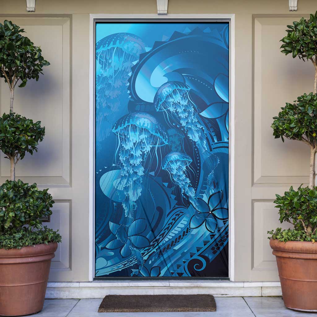 Blue Gradient Polynesia Jellyfish Door Cover Plumeria Polynesian Tattoo Glowing Vibes LT14 Blue - Polynesian Pride