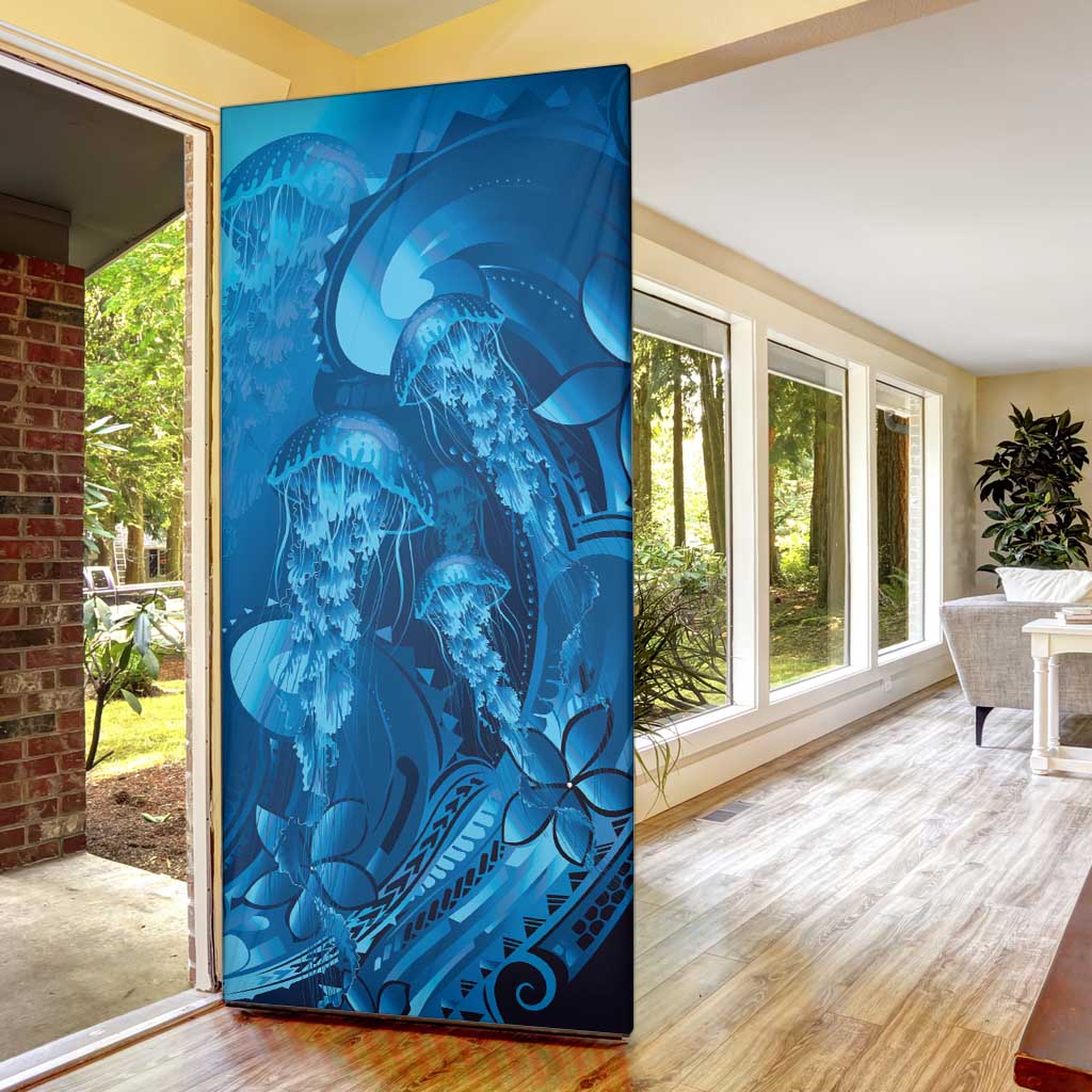 Blue Gradient Polynesia Jellyfish Door Cover Plumeria Polynesian Tattoo Glowing Vibes LT14 - Polynesian Pride