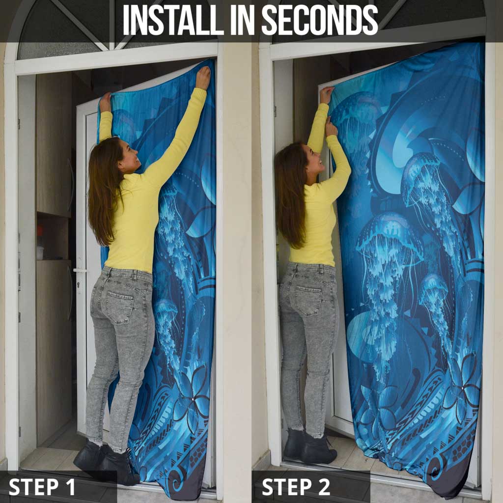 Blue Gradient Polynesia Jellyfish Door Cover Plumeria Polynesian Tattoo Glowing Vibes LT14 - Polynesian Pride