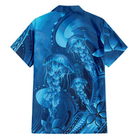 Blue Gradient Polynesia Jellyfish Family Matching Long Sleeve Bodycon Dress and Hawaiian Shirt Plumeria Polynesian Tattoo Glowing Vibes