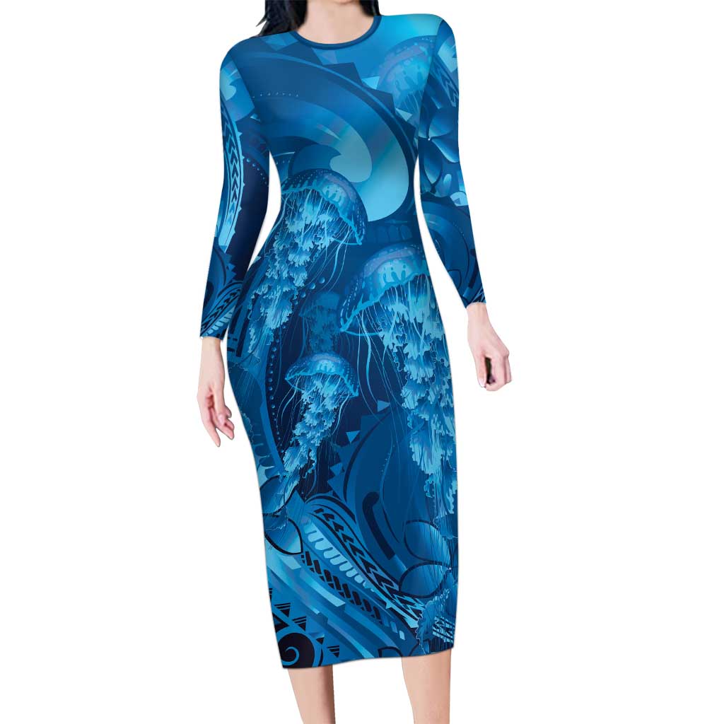 Blue Gradient Polynesia Jellyfish Family Matching Long Sleeve Bodycon Dress and Hawaiian Shirt Plumeria Polynesian Tattoo Glowing Vibes
