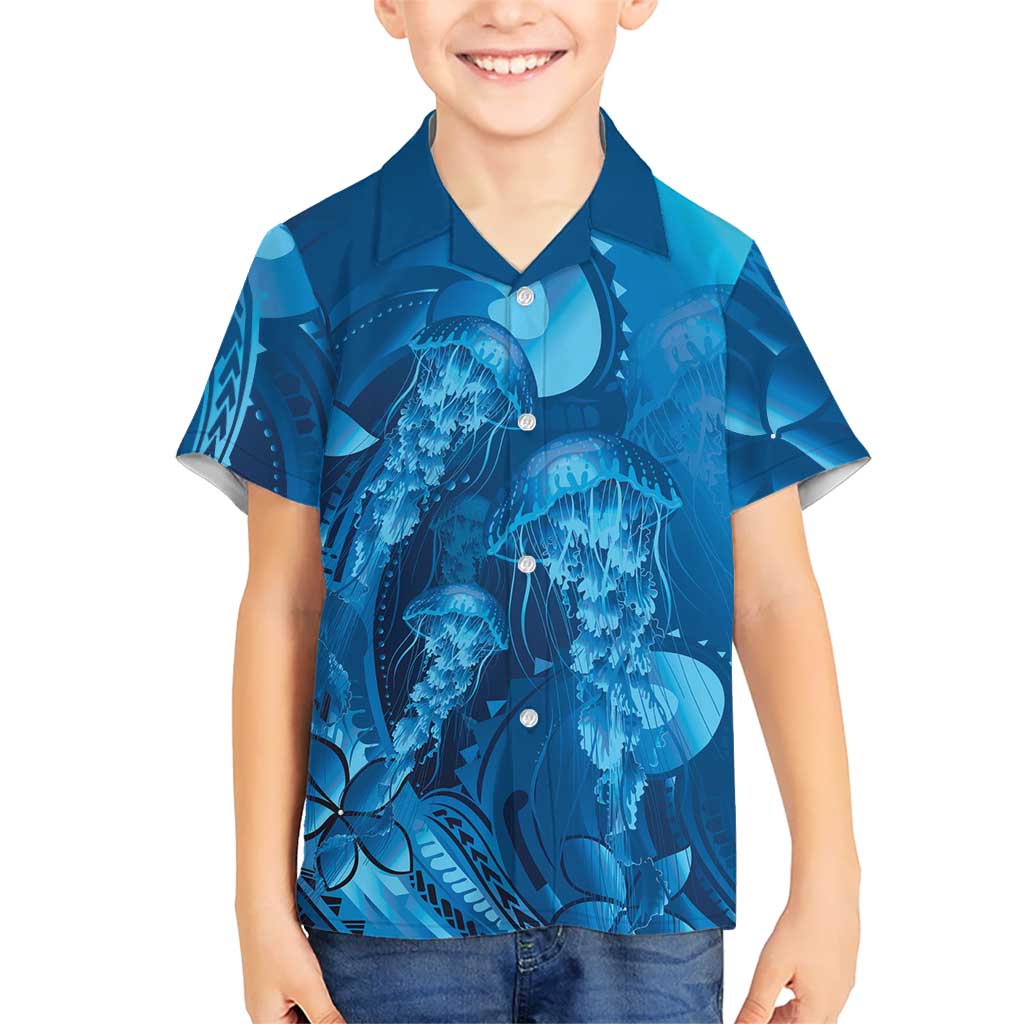 Blue Gradient Polynesia Jellyfish Family Matching Long Sleeve Bodycon Dress and Hawaiian Shirt Plumeria Polynesian Tattoo Glowing Vibes