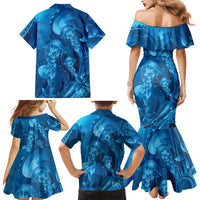 Blue Gradient Polynesia Jellyfish Family Matching Mermaid Dress and Hawaiian Shirt Plumeria Polynesian Tattoo Glowing Vibes