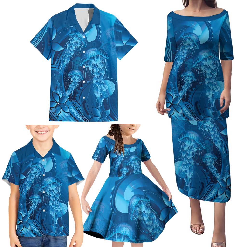 Blue Gradient Polynesia Jellyfish Family Matching Puletasi and Hawaiian Shirt Plumeria Polynesian Tattoo Glowing Vibes LT14 - Polynesian Pride