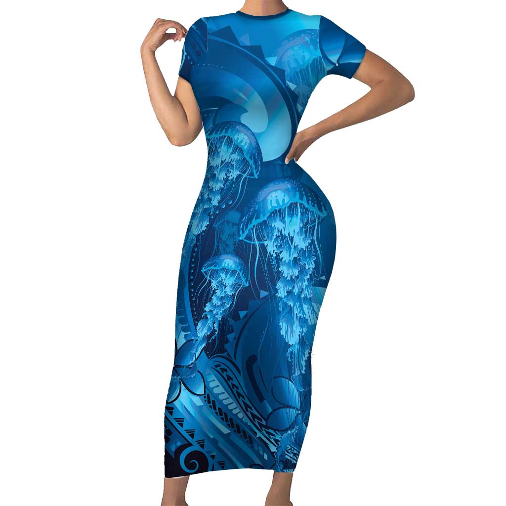 Blue Gradient Polynesia Jellyfish Family Matching Short Sleeve Bodycon Dress and Hawaiian Shirt Plumeria Polynesian Tattoo Glowing Vibes