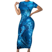 Blue Gradient Polynesia Jellyfish Family Matching Short Sleeve Bodycon Dress and Hawaiian Shirt Plumeria Polynesian Tattoo Glowing Vibes