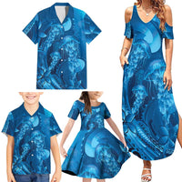 Blue Gradient Polynesia Jellyfish Family Matching Summer Maxi Dress and Hawaiian Shirt Plumeria Polynesian Tattoo Glowing Vibes