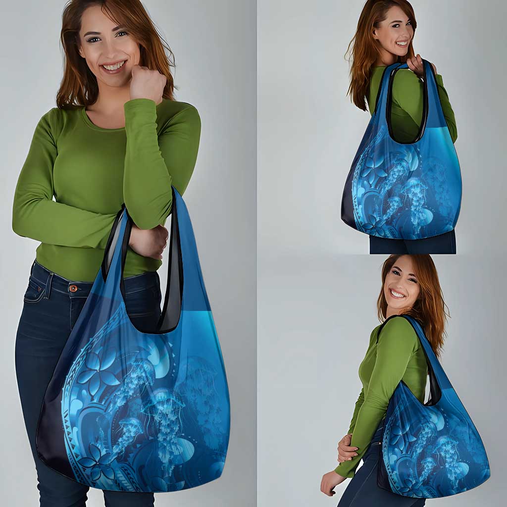 Blue Gradient Polynesia Jellyfish Grocery Bag Plumeria Polynesian Tattoo Glowing Vibes LT14 - Polynesian Pride