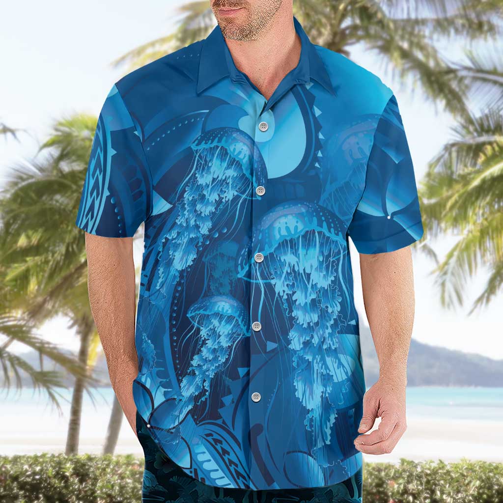Blue Gradient Polynesia Jellyfish Hawaiian Shirt Plumeria Polynesian Tattoo Glowing Vibes LT14 - Polynesian Pride