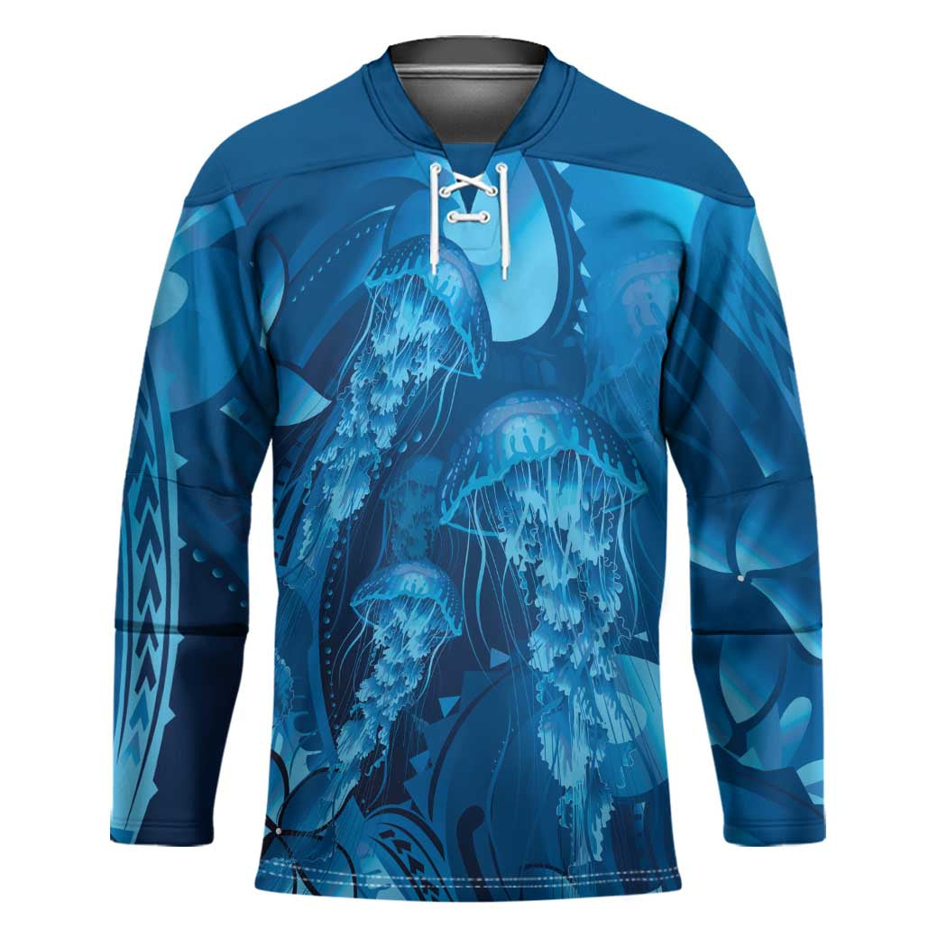 Blue Gradient Polynesia Jellyfish Hockey Jersey Plumeria Polynesian Tattoo Glowing Vibes LT14 Unisex Blue - Polynesian Pride