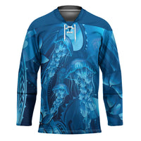 Blue Gradient Polynesia Jellyfish Hockey Jersey Plumeria Polynesian Tattoo Glowing Vibes LT14 Unisex Blue - Polynesian Pride