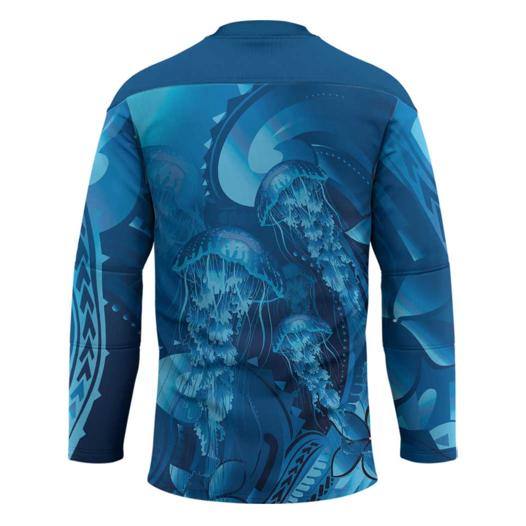 Blue Gradient Polynesia Jellyfish Hockey Jersey Plumeria Polynesian Tattoo Glowing Vibes LT14 - Polynesian Pride