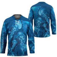 Blue Gradient Polynesia Jellyfish Hockey Jersey Plumeria Polynesian Tattoo Glowing Vibes LT14 - Polynesian Pride