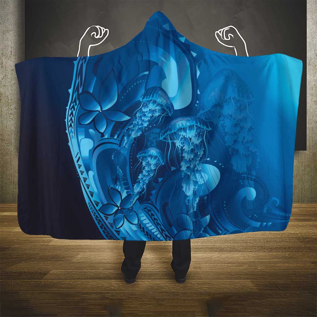 Blue Gradient Polynesia Jellyfish Hooded Blanket Plumeria Polynesian Tattoo Glowing Vibes LT14 - Polynesian Pride