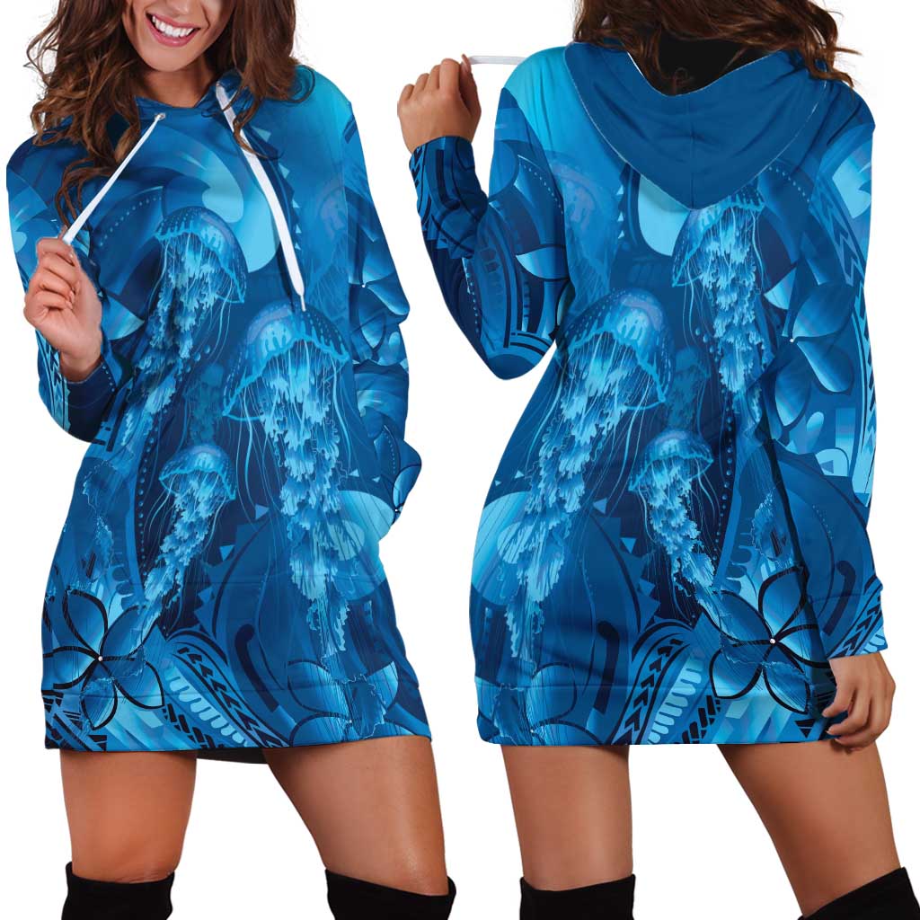 Blue Gradient Polynesia Jellyfish Hoodie Dress Plumeria Polynesian Tattoo Glowing Vibes LT14 - Polynesian Pride