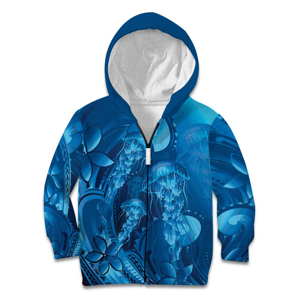 Blue Gradient Polynesia Jellyfish Kid Hoodie Plumeria Polynesian Tattoo Glowing Vibes LT14 Zip Hoodie Blue - Polynesian Pride