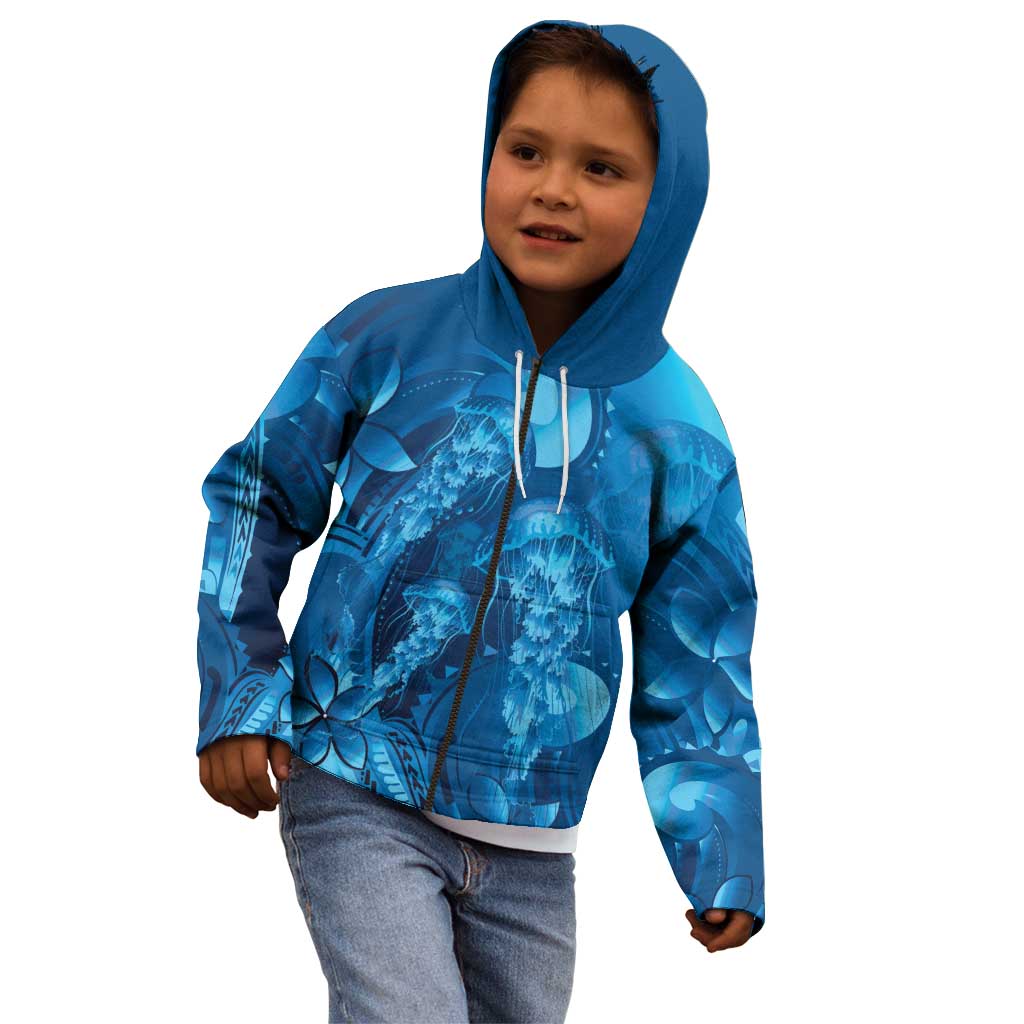Blue Gradient Polynesia Jellyfish Kid Hoodie Plumeria Polynesian Tattoo Glowing Vibes LT14 - Polynesian Pride