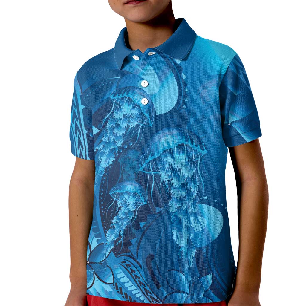 Blue Gradient Polynesia Jellyfish Kid Polo Shirt Plumeria Polynesian Tattoo Glowing Vibes LT14 Kid Blue - Polynesian Pride