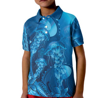 Blue Gradient Polynesia Jellyfish Kid Polo Shirt Plumeria Polynesian Tattoo Glowing Vibes LT14 Kid Blue - Polynesian Pride