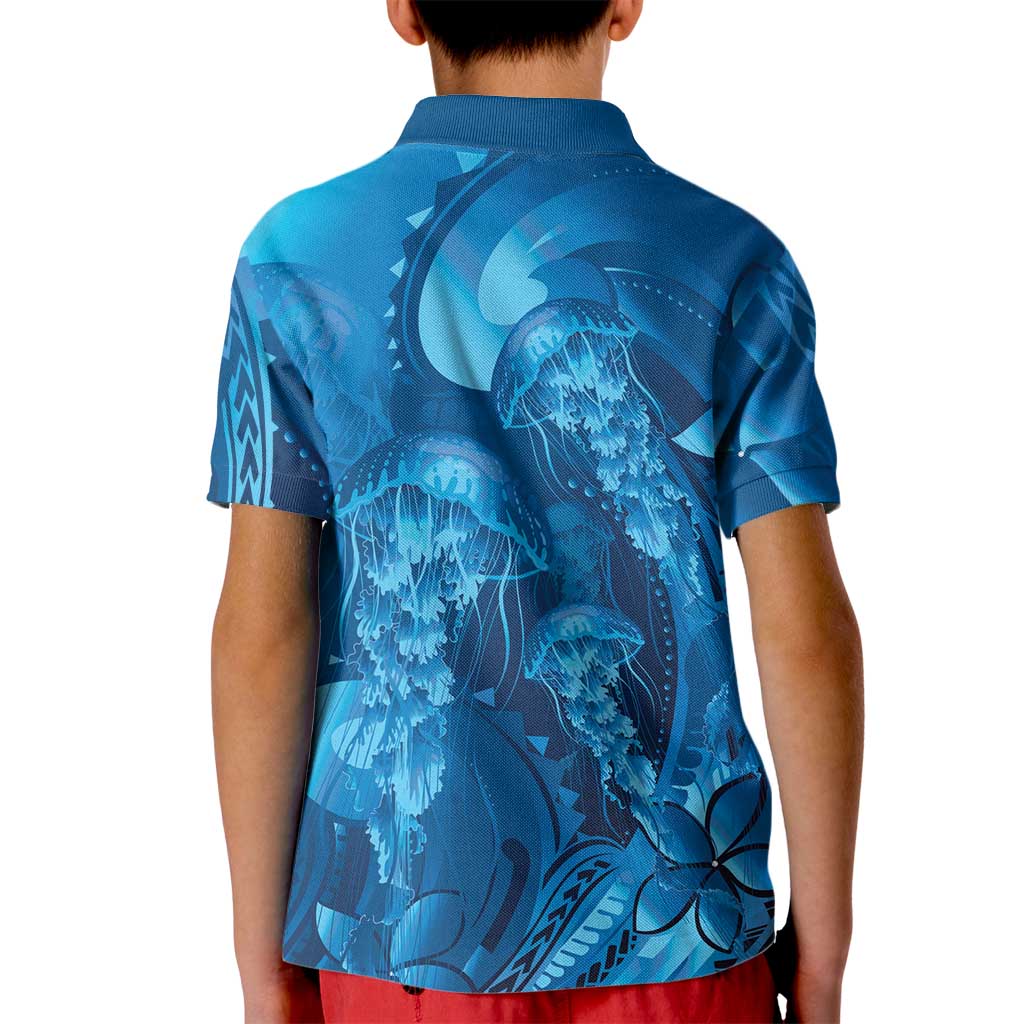 Blue Gradient Polynesia Jellyfish Kid Polo Shirt Plumeria Polynesian Tattoo Glowing Vibes LT14 - Polynesian Pride