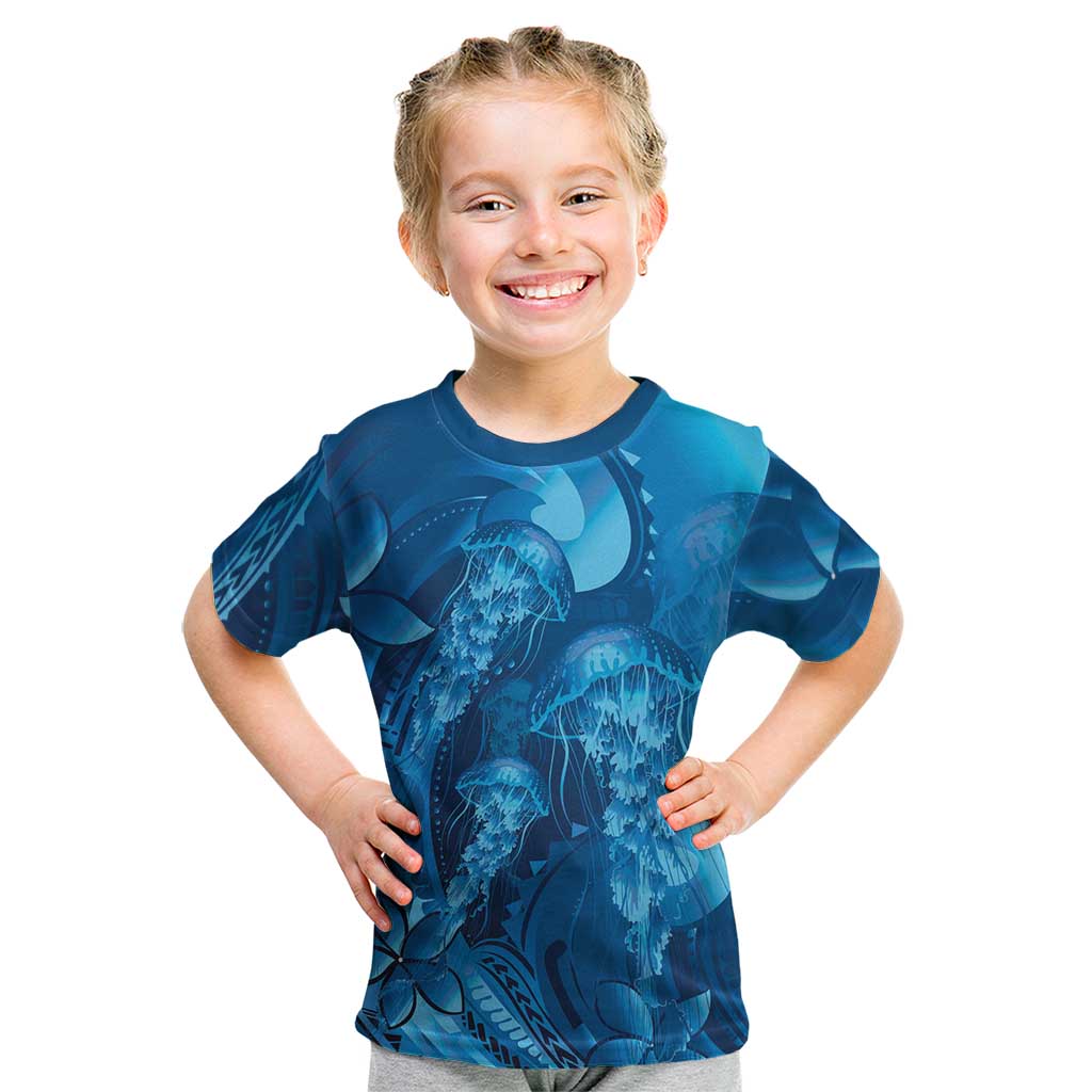 Blue Gradient Polynesia Jellyfish Kid T Shirt Plumeria Polynesian Tattoo Glowing Vibes LT14 Blue - Polynesian Pride