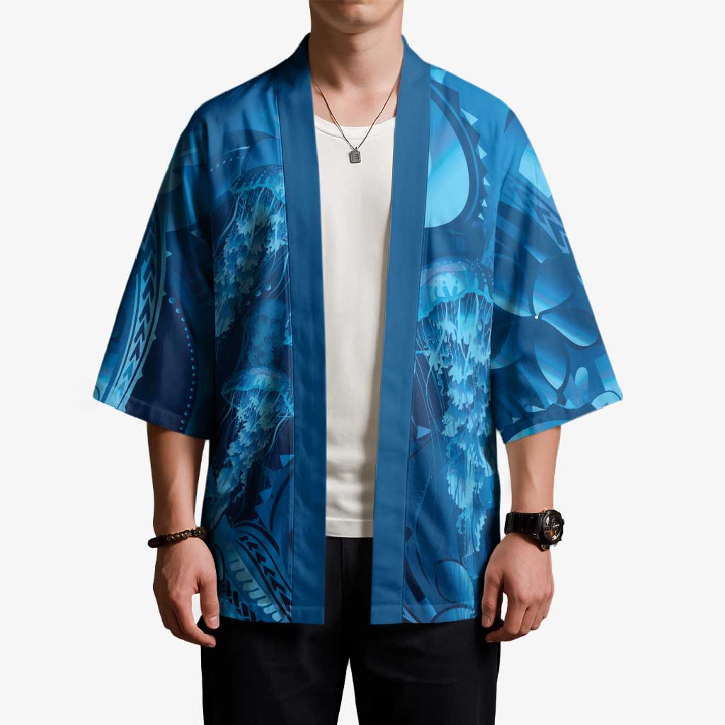 Blue Gradient Polynesia Jellyfish Kimono Plumeria Polynesian Tattoo Glowing Vibes LT14 - Polynesian Pride