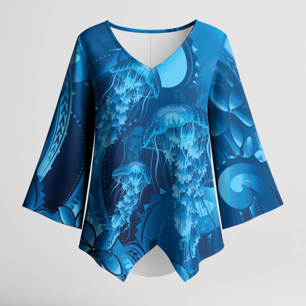 Blue Gradient Polynesia Jellyfish Kimono Sleeve Blouse Plumeria Polynesian Tattoo Glowing Vibes LT14 Female Blue - Polynesian Pride
