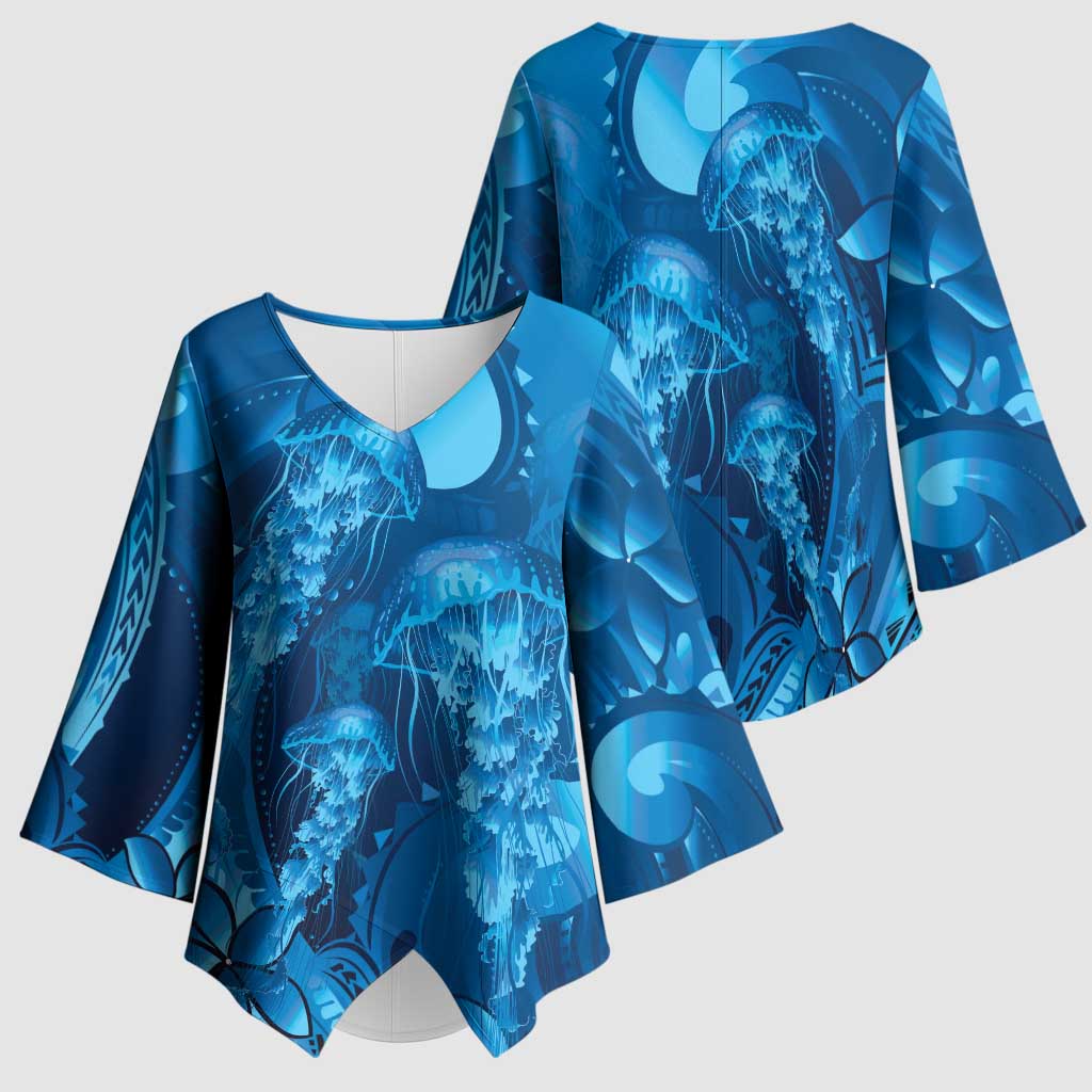 Blue Gradient Polynesia Jellyfish Kimono Sleeve Blouse Plumeria Polynesian Tattoo Glowing Vibes LT14 - Polynesian Pride
