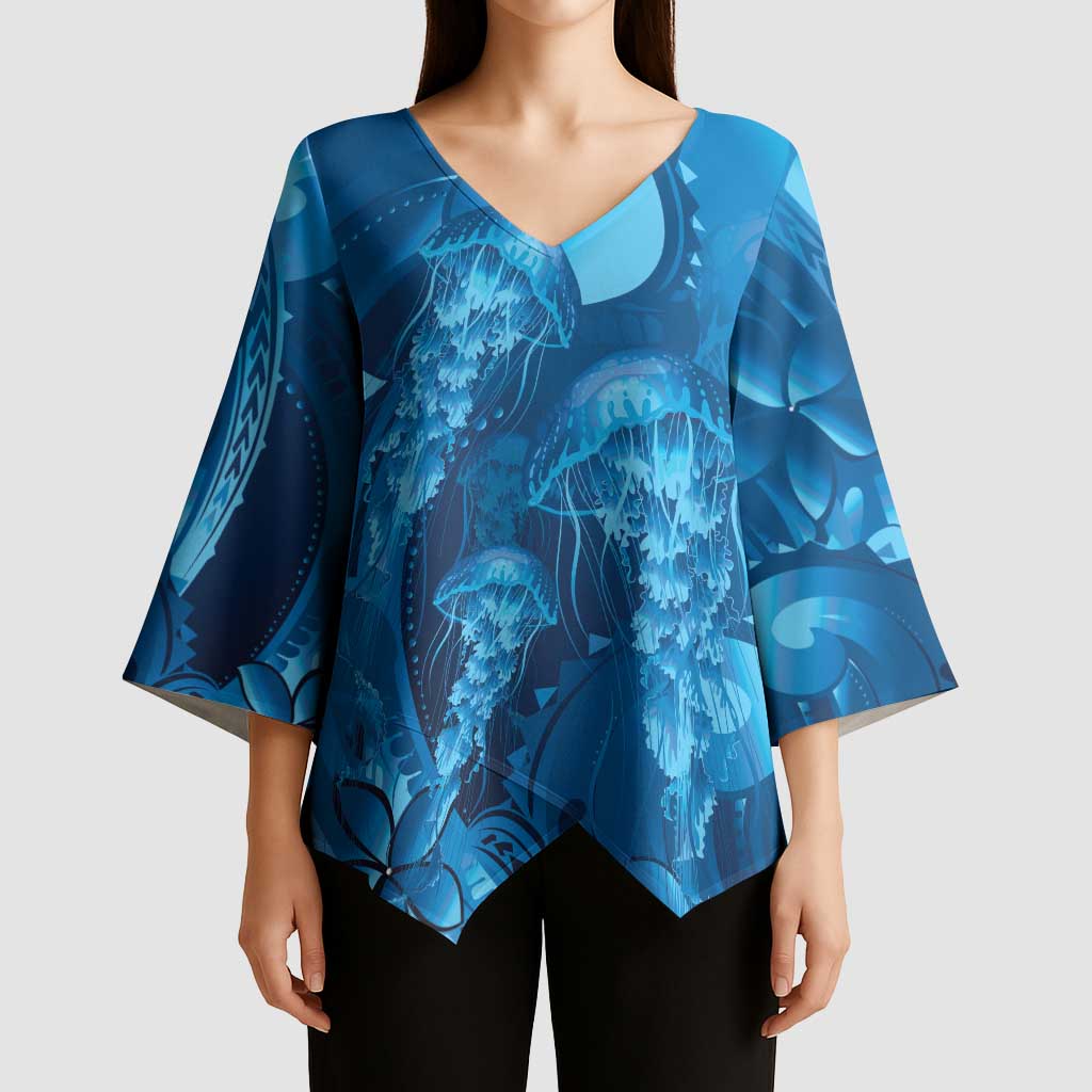 Blue Gradient Polynesia Jellyfish Kimono Sleeve Blouse Plumeria Polynesian Tattoo Glowing Vibes LT14 - Polynesian Pride