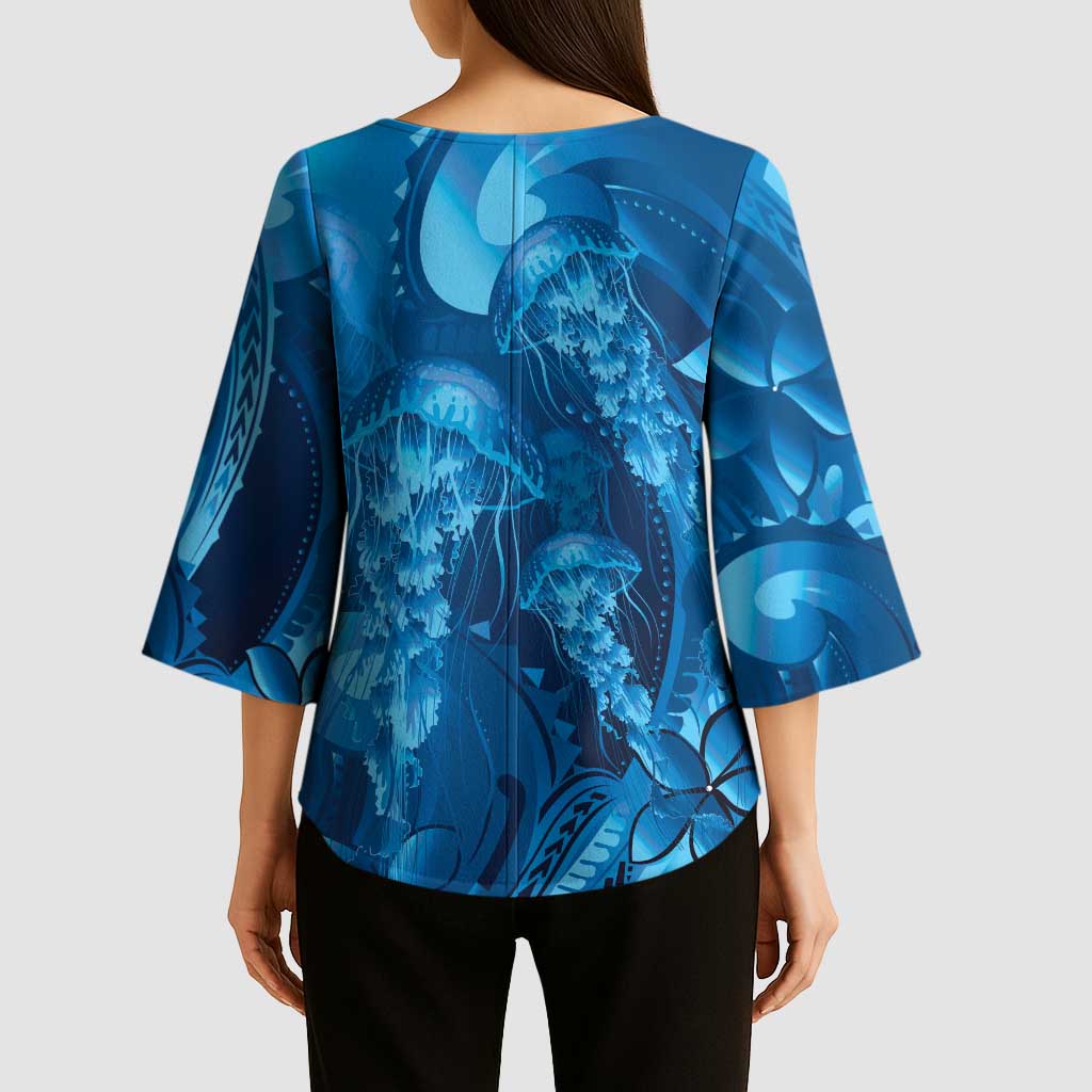 Blue Gradient Polynesia Jellyfish Kimono Sleeve Blouse Plumeria Polynesian Tattoo Glowing Vibes LT14 - Polynesian Pride