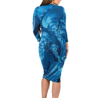 Blue Gradient Polynesia Jellyfish Long Sleeve Bodycon Dress Plumeria Polynesian Tattoo Glowing Vibes LT14 - Polynesian Pride