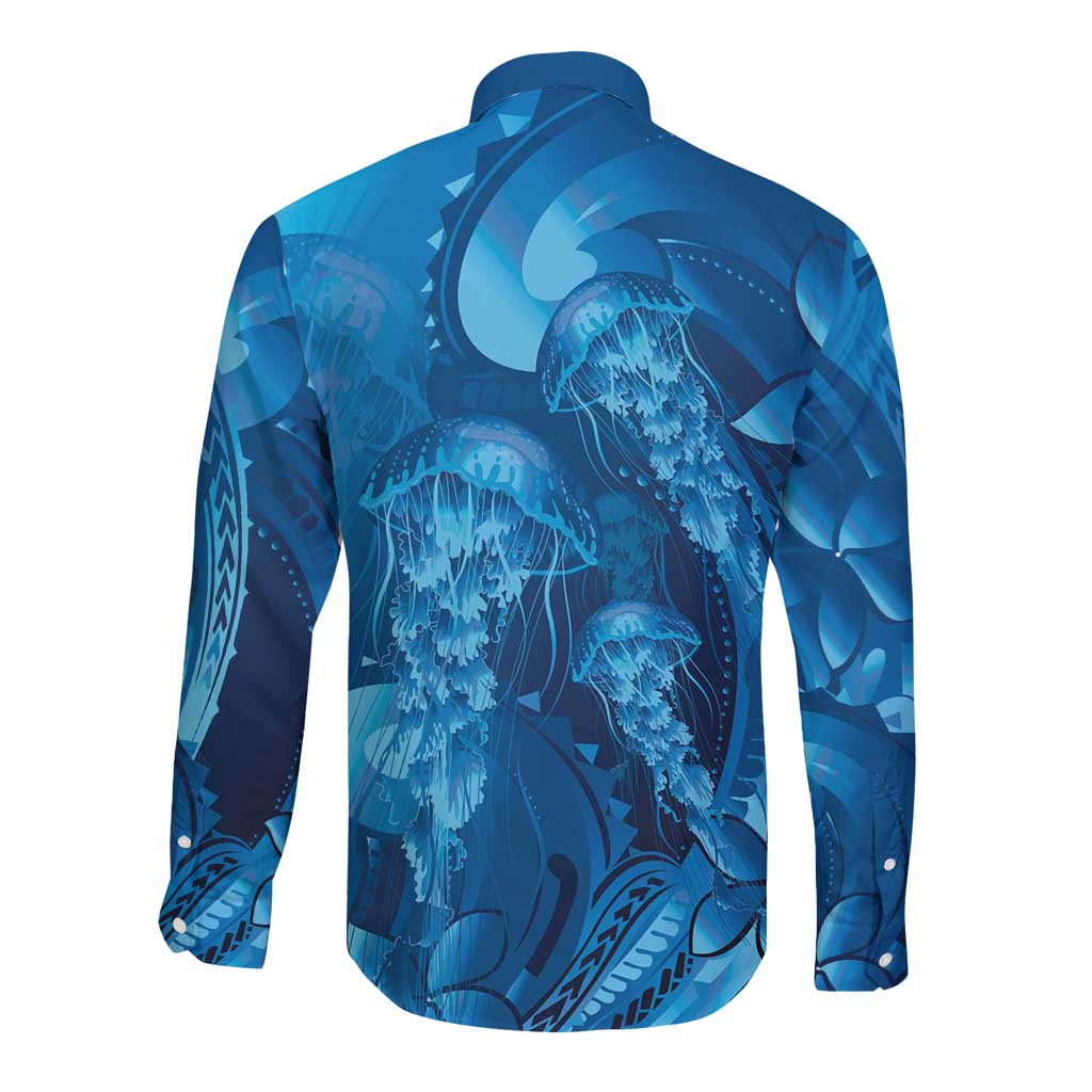 Blue Gradient Polynesia Jellyfish Long Sleeve Button Shirt Plumeria Polynesian Tattoo Glowing Vibes LT14 - Polynesian Pride