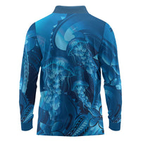 Blue Gradient Polynesia Jellyfish Long Sleeve Polo Shirt Plumeria Polynesian Tattoo Glowing Vibes LT14 - Polynesian Pride